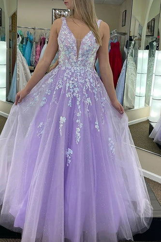Spaghetti Straps A Line Lilac Sparkly Prom Dress with Appliques