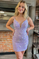 Load image into Gallery viewer, Sparkly Purple Spaghetti Straps Lace-Up Back Tight Homecoming Dress with Beading