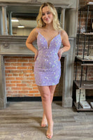 Load image into Gallery viewer, Sparkly Purple Spaghetti Straps Lace-Up Back Tight Homecoming Dress with Beading