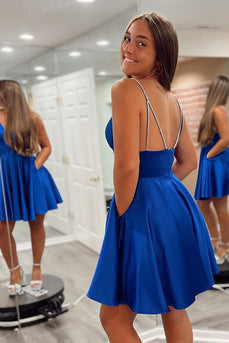 A-Line Royal Blue Deep V Neck Spaghetti Straps Short Homecoming Dress