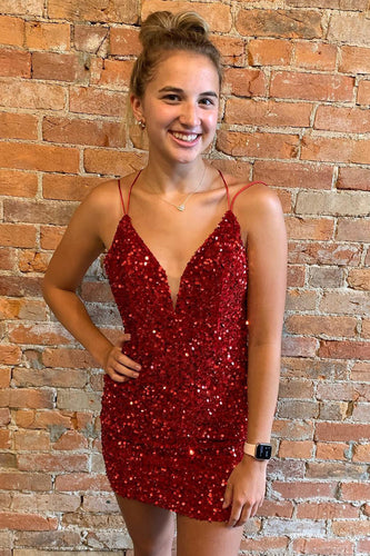 Plunging V-Neck Red Sequins Short Homecoming Dress