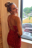 Load image into Gallery viewer, Plunging V-Neck Red Sequins Short Homecoming Dress