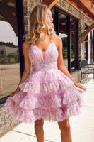 Load image into Gallery viewer, Bodycon Pink Spaghetti Straps Floral Short Homecoming Dresses