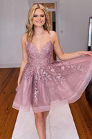 Load image into Gallery viewer, Pink A Line Lace-up Spaghetti Straps Short Homecoming Dress