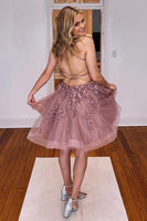Load image into Gallery viewer, Pink A Line Lace-up Spaghetti Straps Short Homecoming Dress