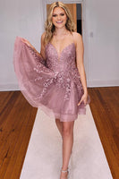 Load image into Gallery viewer, Pink A Line Lace-up Spaghetti Straps Short Homecoming Dress