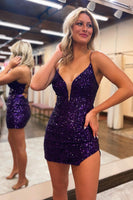 Load image into Gallery viewer, Unique Spaghetti Straps Criss-Cross Straps Sequins Tight Short Homecoming Dress
