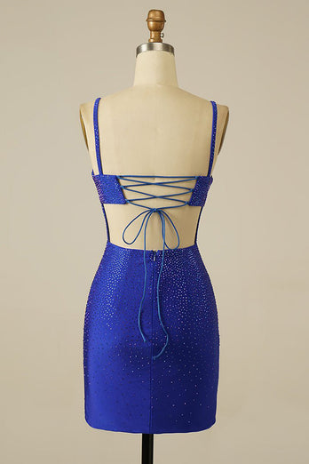 Sheath Spaghetti Straps Fuchsia Beaded Short Homecoming Dress with Slit