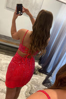 Load image into Gallery viewer, Sheath Spaghetti Straps Fuchsia Beaded Short Homecoming Dress with Slit