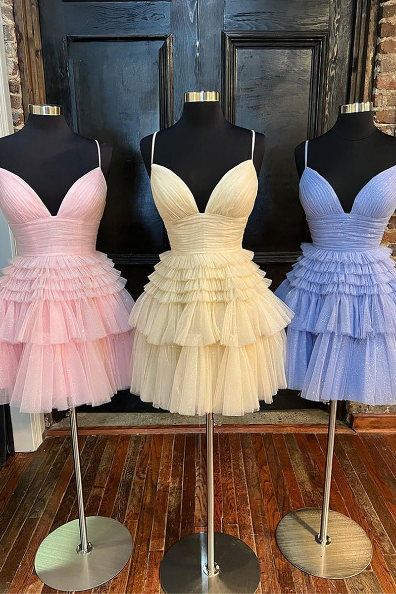 Load image into Gallery viewer, A Line Light Pink Spaghetti Straps Tiered Short Homecoming Dress with Ruffles