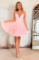 Load image into Gallery viewer, A Line Light Pink Spaghetti Straps Tiered Short Homecoming Dress with Ruffles