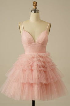 A Line Pink Spaghetti Straps Tiered Short Homecoming Dress with Ruffles