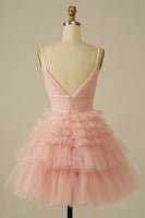 Load image into Gallery viewer, A Line Light Pink Spaghetti Straps Tiered Short Homecoming Dress with Ruffles
