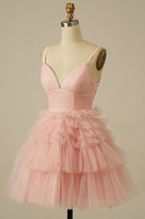 Load image into Gallery viewer, A Line Light Pink Spaghetti Straps Tiered Short Homecoming Dress with Ruffles