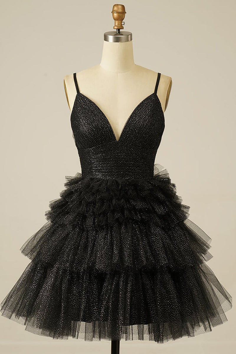Load image into Gallery viewer, A Line Light Pink Spaghetti Straps Tiered Short Homecoming Dress with Ruffles