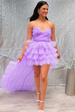 Lilac Tulle Strapless High-Low Homecoming Dress with Ruffles