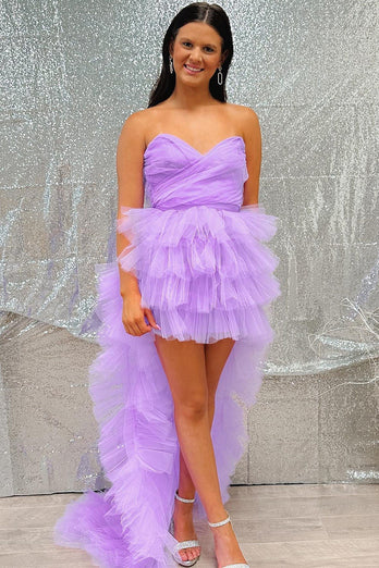 Lilac Tulle Strapless High-Low Homecoming Dress with Ruffles