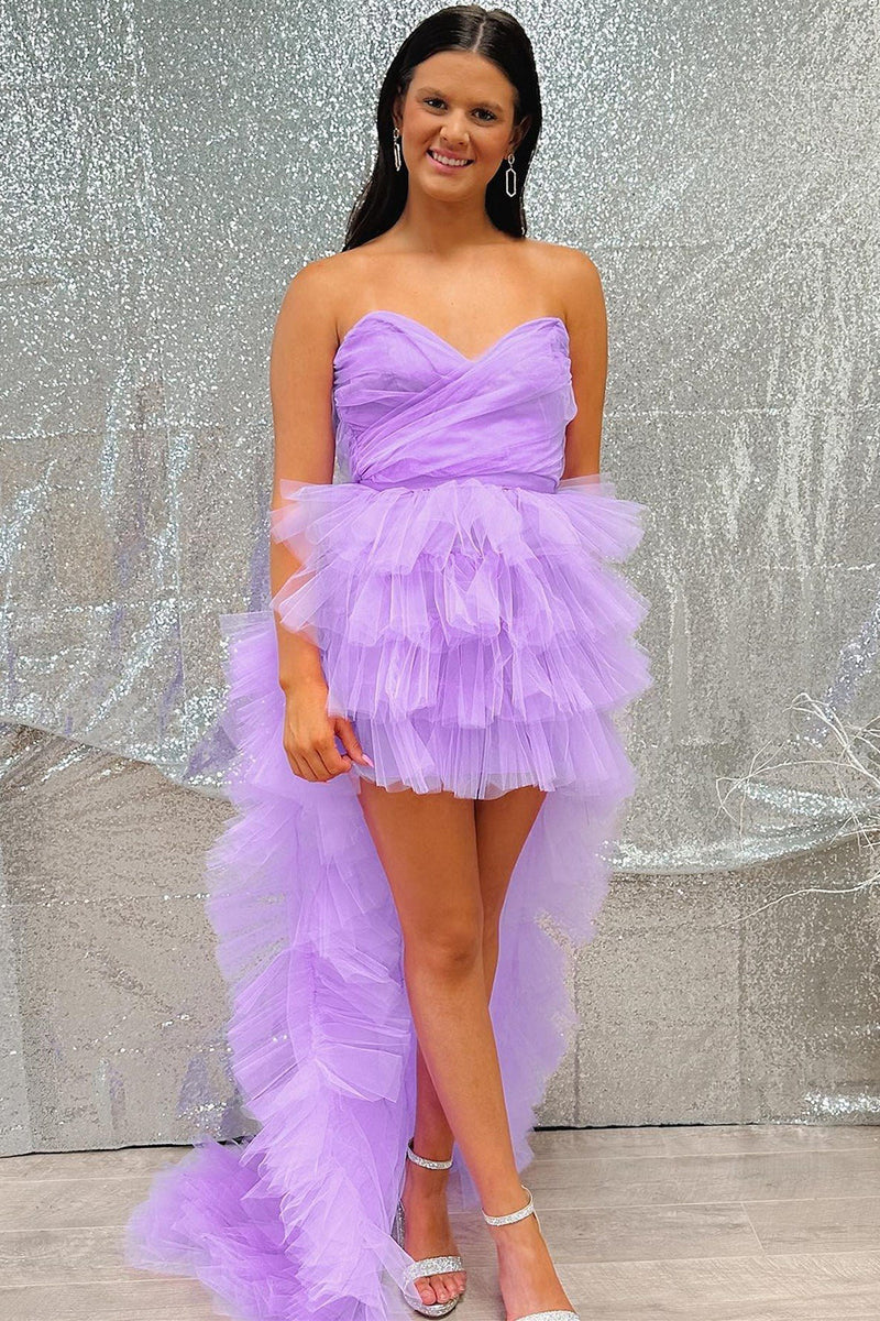 Load image into Gallery viewer, Lilac Tulle Strapless High-Low Homecoming Dress with Ruffles
