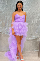 Load image into Gallery viewer, Lilac Tulle Strapless High-Low Homecoming Dress with Ruffles