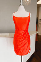 Load image into Gallery viewer, Orange Tight Spaghetti Straps Lace-Up Ruched Homecoming Dress with Slit