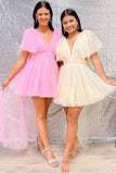 Pink Plunge V A-Line Short Tulle Homecoming Dress with Flutter Sleeves