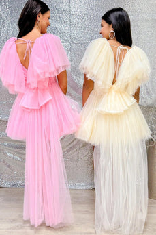Pink Plunge V A-Line Short Tulle Homecoming Dress with Flutter Sleeves