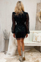 Load image into Gallery viewer, Black Sequins V-Neck Short Homecoming Dress with Long Sleeves
