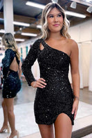 Load image into Gallery viewer, Black Sequins One-Sleeve Keyhole Short Homecominh Dress With Slit