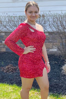 Load image into Gallery viewer, Black Sequins One-Sleeve Keyhole Short Homecominh Dress With Slit