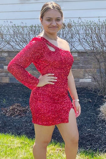 Black Sequins One-Sleeve Keyhole Short Homecominh Dress With Slit