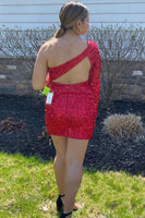 Load image into Gallery viewer, Black Sequins One-Sleeve Keyhole Short Homecominh Dress With Slit