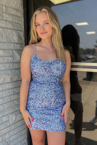 Blue Sparkly Sequins Tight Homecoming Dress With Criss Cross Back