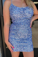Load image into Gallery viewer, Blue Sparkly Sequins Tight Homecoming Dress With Criss Cross Back
