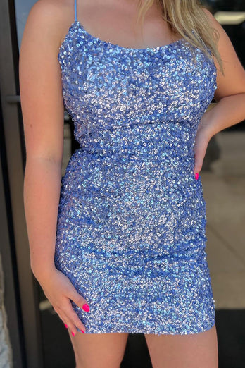 Blue Sparkly Sequins Tight Homecoming Dress With Criss Cross Back