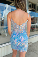 Load image into Gallery viewer, Spaghetti Straps Blue Sparkly Sequins Tight Corset Homecoming Dress