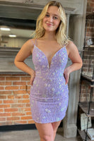 Load image into Gallery viewer, Lilac Plunging V Neck Straps Appliques Short Homecoming Dress