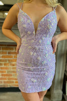 Load image into Gallery viewer, Lilac Plunging V Neck Straps Appliques Short Homecoming Dress