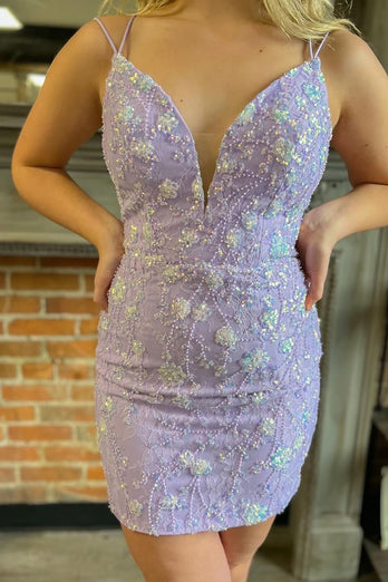 Lilac Plunging V Neck Straps Appliques Short Homecoming Dress