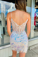 Load image into Gallery viewer, Spaghetti Straps Blue Sparkly Sequins Tight Corset Homecoming Dress