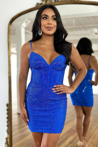 Sparkly Blue Corset Lace-Up Back Tight Short Homecoming Dress with Beading