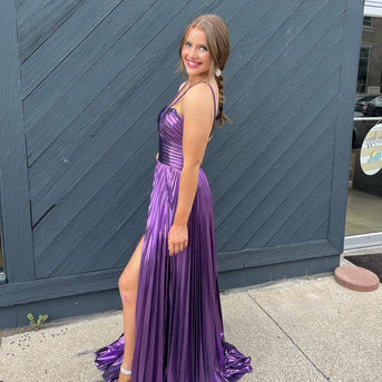 Glitter Purple Backless Long Prom Dress With Slit