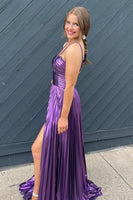 Load image into Gallery viewer, Glitter Purple Backless Long Prom Dress With Slit