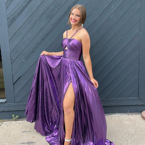 Glitter Purple Backless Long Prom Dress With Slit