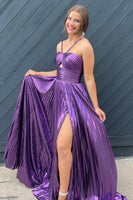 Load image into Gallery viewer, Glitter Purple Backless Long Prom Dress With Slit