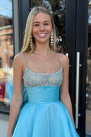 Load image into Gallery viewer, A Line Blue Beaded Long Prom Dress With Bowknot