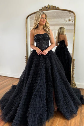 Sparkly Black Spaghetti Straps Tulle A Line Long Corset Prom Dress With Slit