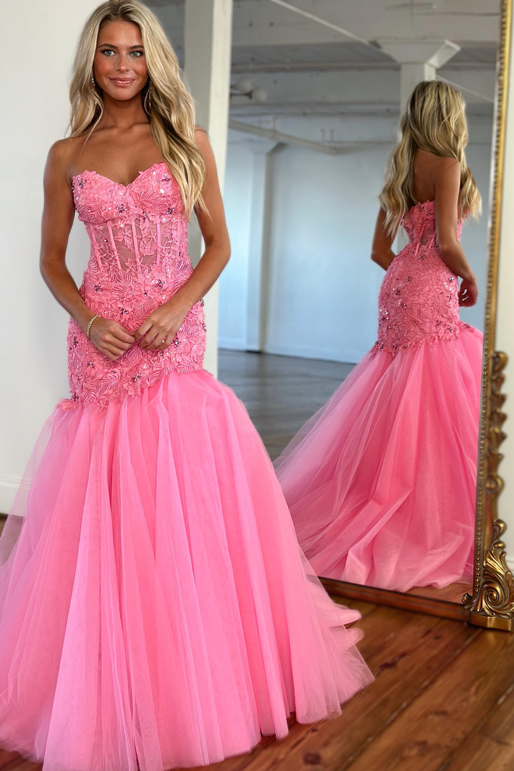 Glitter Pink Sweetheart Tulle Mermaid Long Corset Prom Dress