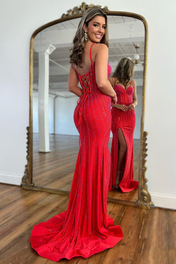 Sparkly Red Mermaid Beaded Corset Long Prom Dress With Slit