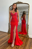 Load image into Gallery viewer, Sparkly Red Mermaid Beaded Corset Long Prom Dress With Slit