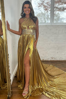 Load image into Gallery viewer, Sparkly Golden A Line Beaded Metallic Long Prom Dress With Slit